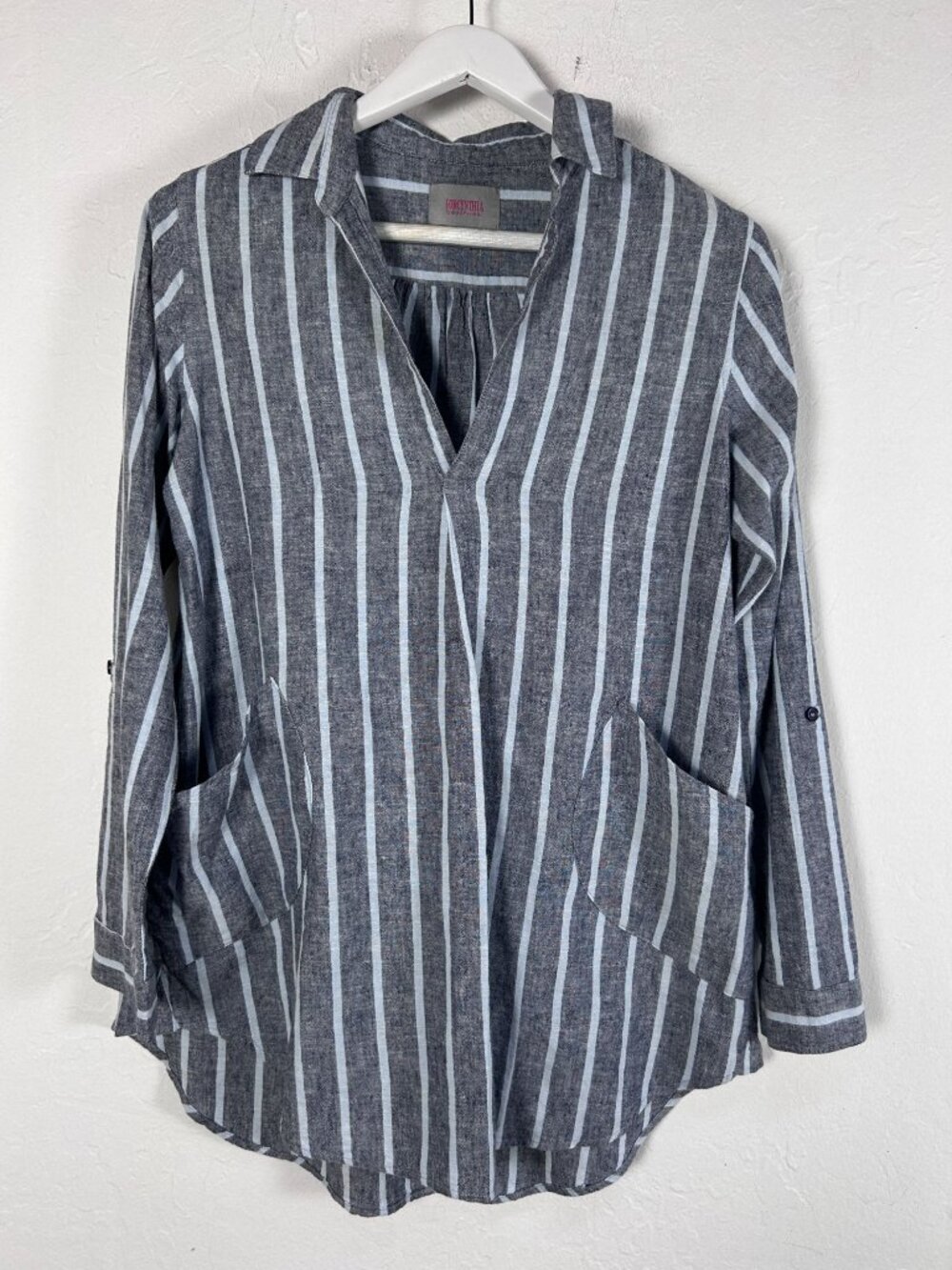Forcynthia Beachwear Women Gray Striped Linen Blend Long Sleeve Tunic Medium New